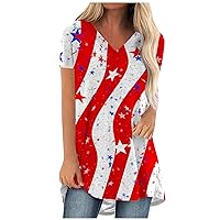 American Flag T Shirt for Women USA Star Stripes Fourth July Tee Shirts Plus Size V Neck Long Flowy Tunic Blouse