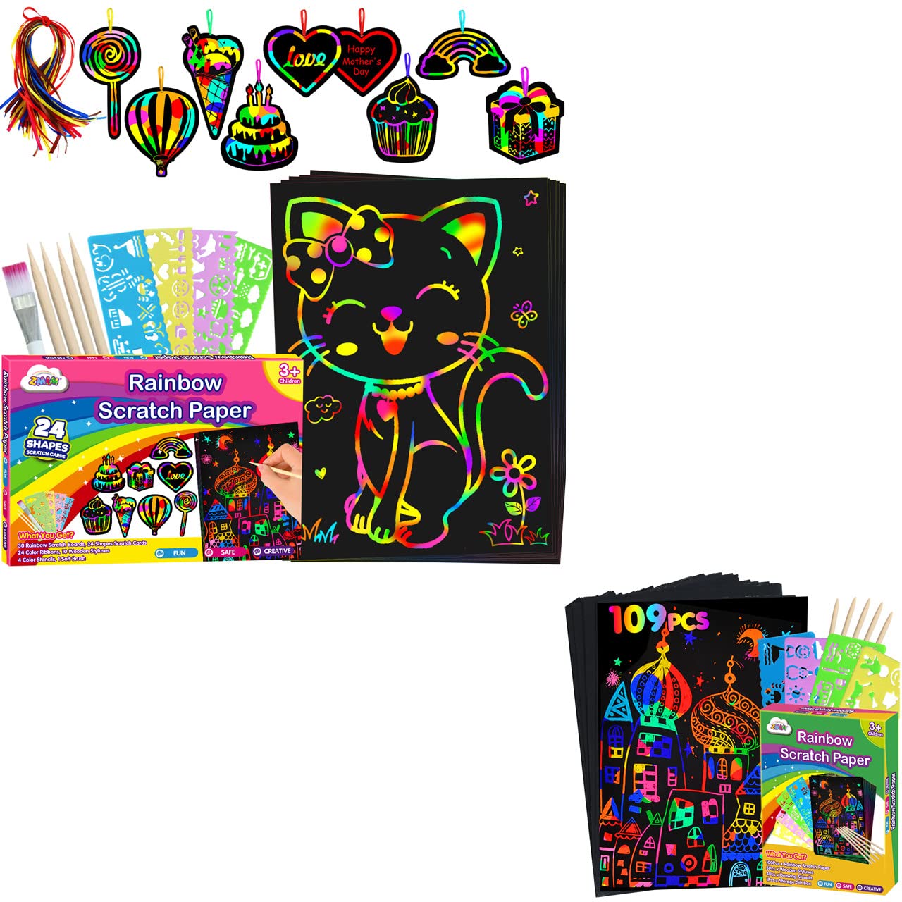 ZMLM Scratch Paper Art-Craft Kids: Rainbow Scratch Magic Drawing Set Paper Supply Kit for Age 3-12 Kids Children Girl Boy DIY Toy Activity Educational|Party Faver|Birthday