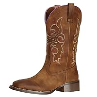 SheSole Women's Cowboy Cowgirl Boots Western Wide Square Toe Mid Calf Boots Brown