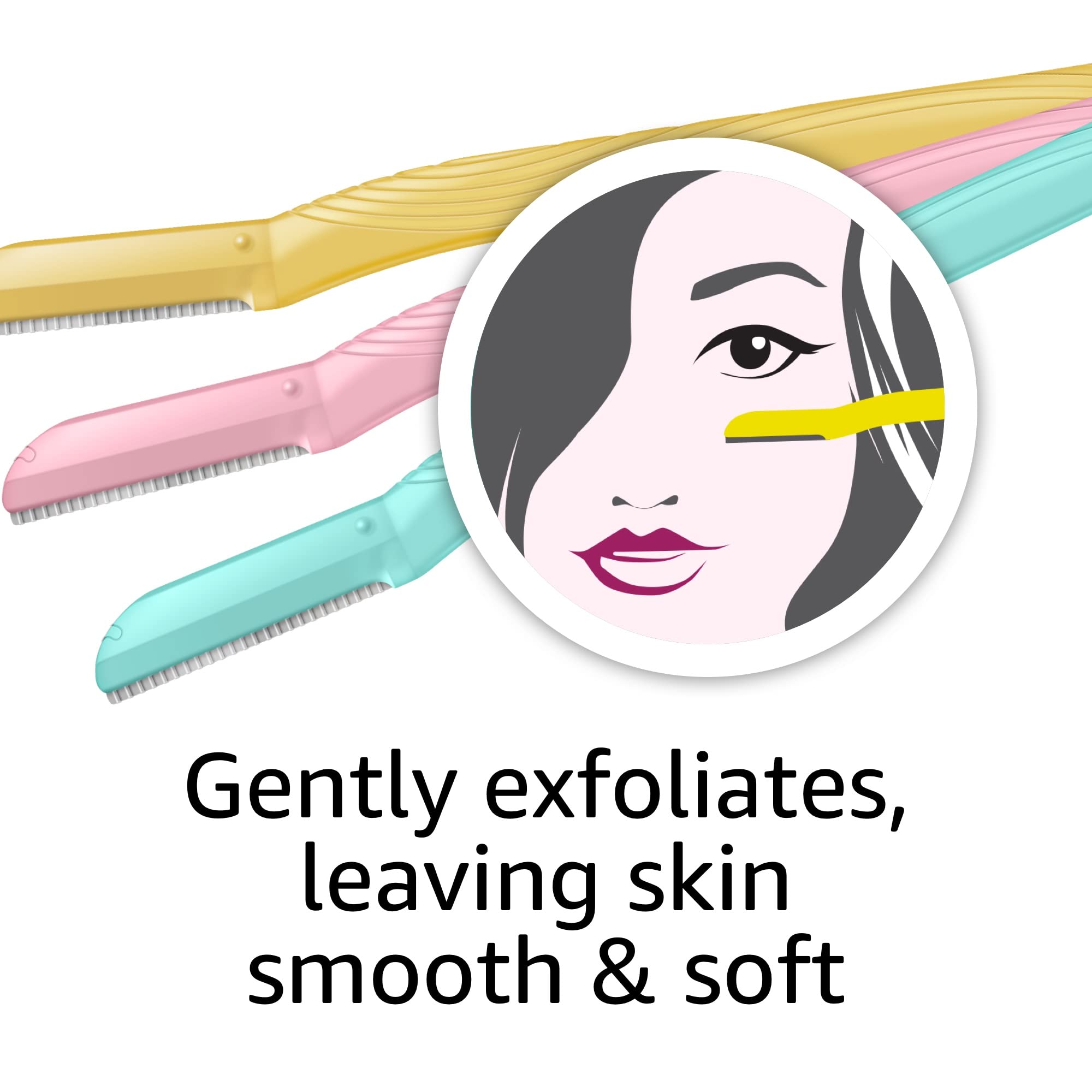 Amazon Basics Women's Multipurpose Exfoliating Dermaplaning Tool, Eyebrow Razor, and Facial Razor, Includes Blade Cover, Multicolor, 3 Count
