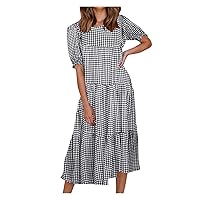 Women Sexy Dress for Party Bubble Sleeve Plaid Printed Patchwork Loose Skirt Dress