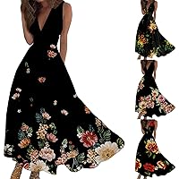 Womens Summer Dresses 2024 Casual Maxi Dress Boho Floral Vintage Dresses Wrap V Neck Flowy Beach Sleeveless Sundress