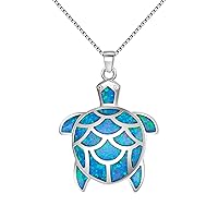 Ever Faith Cute Sea Turtle October Birthstone Necklace, Synthetic Opal Adjustable Pendant Jewelry for Women, Girls