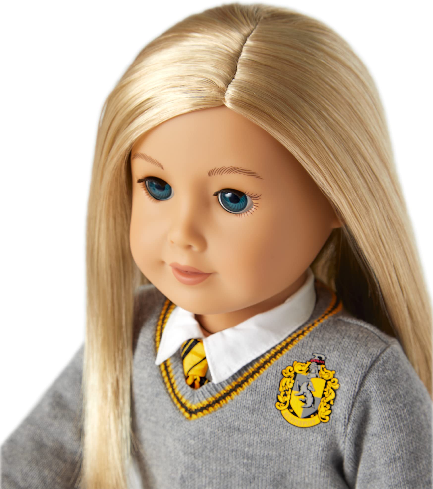 American Girl Harry Potter Hufflepuff 3-Piece Set for 18-inch Dolls with Yellow-and-Black-Trimmed Gray Sweater, Satin tie, Yellow-and-Black Knit Scarf Featuring The Hufflepuff Crest Doll Not Included