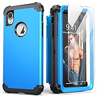 for iPhone XR Case with Tempered Glass Screen Protector,3 in 1 Shockproof Slim Hybrid Heavy Duty Hard PC Cover Soft Silicone Bumper Full Body Case,Sky Blue