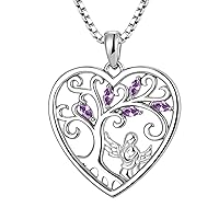 FJ Heart Guardian Angel Mother Daughter Necklace 925 Sterling Silver Tree of Life Pendant Necklace with Birthstone Cubic Zirconia Jewellery Gifts for Mother Daughter