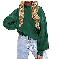 Ofertas De Primera Lantern Sleeve Ribbed Sweater Women Solid Jumper Tops Mock Neck Knitted Pullover Trendy Loose Sweaters Shirts Suéter A Rayas Con Bloques Green