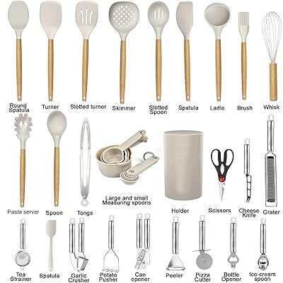  Cooking Utensils Set- 35 PCs Kitchen Utensils with  Grater,Tongs, Spoon Spatula &Turner Made of Heat Resistant Food Grade  Silicone and Wooden Handles Kitchen Gadgets Tools Set for Nonstick Cookware  : Everything