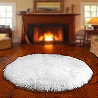 Round Shaggy Mongolian Accent Rug - Llama - Faux Fur Sheepskin - Four Colors and Sizes - Fur Accents - USA (30'', White)