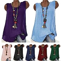 Women Summer Cotton Linen Tshirt Tops Trendy Vintage Casual Loose Fit Tunic Tee Lady Sleeveless Plus Size Vneck Blouse