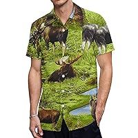 Moose Hawaiian Shirt for Men Short Sleeve Button Down Summer Tee Shirts Tops