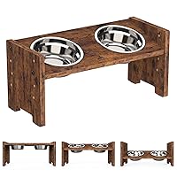Vantic Elevated Dog Bowls - Adjustable Raised Dog Bowls for Small Dogs and Cats, Sturdy Rustic Brown Particle Board Dog Food Bowl Stand with 2 Stainless Steel Bowls and Non-Slip Feet