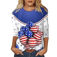 4th of July T-Shirt for Womens Tops Fashion Casual Three Quarter Sleeve Independence Day Print Round Neck Pullover Top Blouse