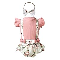 Infant Baby Girls Flutter Sleeve Tops with Floral Suspender Shorts Bloomers Headband for Party