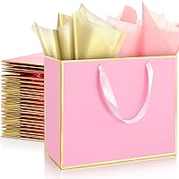 ReliThick 12 Pack Metallic Paper Gift Bag with Handle and Tissue, 11.8 x 10 x 4'' Thank You Favor Bag for Graduation Wedding Bridal Birthday Party Baby Shower Retirement(Pink, Gold)