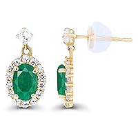Solid 14K Gold 6.50x13mm Oval Halo Genuine Birthstone Dangling Stud Earrings For Women | 6x4mm Round Birthstone | 1mm Created White Sapphire Halo Dangle Earrings For Women