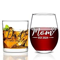 Modwnfy Mom & Dad Est 2024 Stemless Wine Glass and Whiskey Glass Set, New Parents Gift for Christmas Baby Shower Mother's Day Father's Day Anniversary, New Mom New Dad Gift for Daily Use