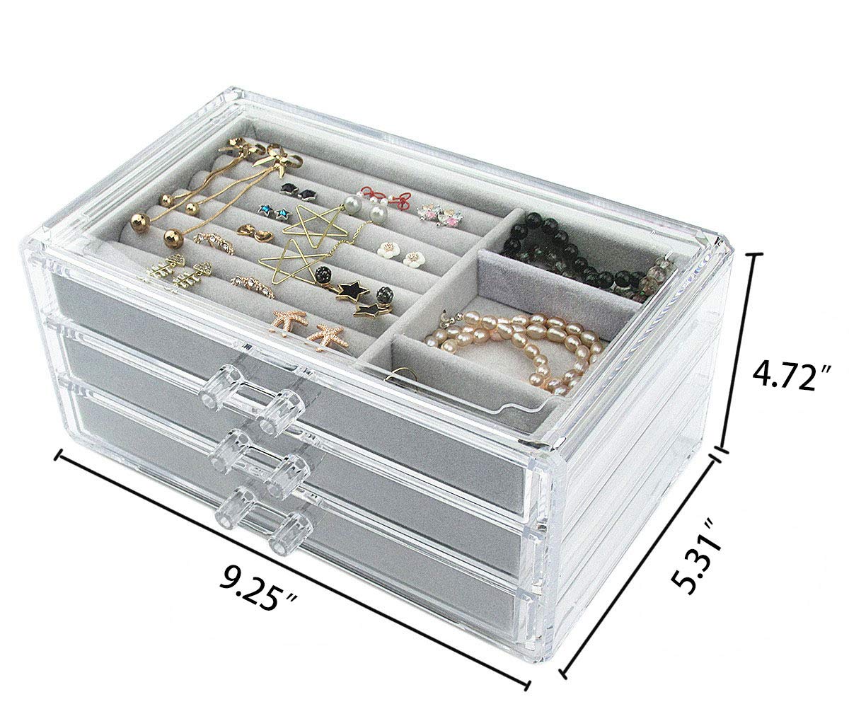 Acrylic Jewelry Box 3 Drawers, Velvet Jewellery Organizer, Earring Rings Necklaces Bracelets Display Case Gift for Women, Girls