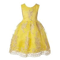 Girl Special Occasion Dress Sleeveless with Gold Floral Lace Applique