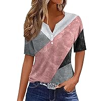 Button Short Sleeve Tee Ladies Shirt V-Neck Tshirt Print Blouse Daily Regular Dressy Tops Casual Summer Tunic