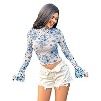 Milumia Women's Floral Mesh Flounce Long Sleeve Crop Top Sheer Mock Neck Tee Shirts