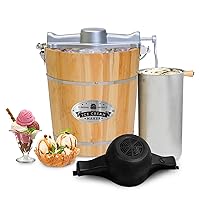 Old Fashioned 4 Quart Vintage Wood Bucket Electric Ice Cream Maker Machine Appalachian, Bonus Classic Die-Cast Hand Crank for Churning, Uses Ice and Rock Salt Churns Ice Cream in Minute