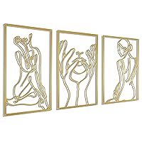 Gold Wall Art Decor for Living Room Bedroom Minimalist Modern Abstract Line Real Thicker Metal Large Room Decor Wall Sculptures for Home Hanging, Gold, Set 3 packs(Gold Women+Face+Back)