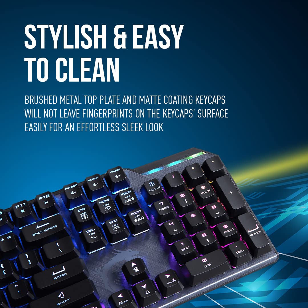MSI Vigor GK50 Elite LL Mechanical Gaming Keyboard - Kailh Blue Switches (Clicky), Ergonomic Keycaps, Brushed Metal Finish, Anti-Slip Base, Per-Key RGB Mystic Light, USB 2.0 - Full-Sized