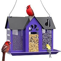 Kingsyard Bird Feeder House for Outside, Metal Mesh Wild Bird Feeder with Triple Feeders for Finch Cardinal Chickadee, Large Capacity, Weatherproof and Durable, Purple