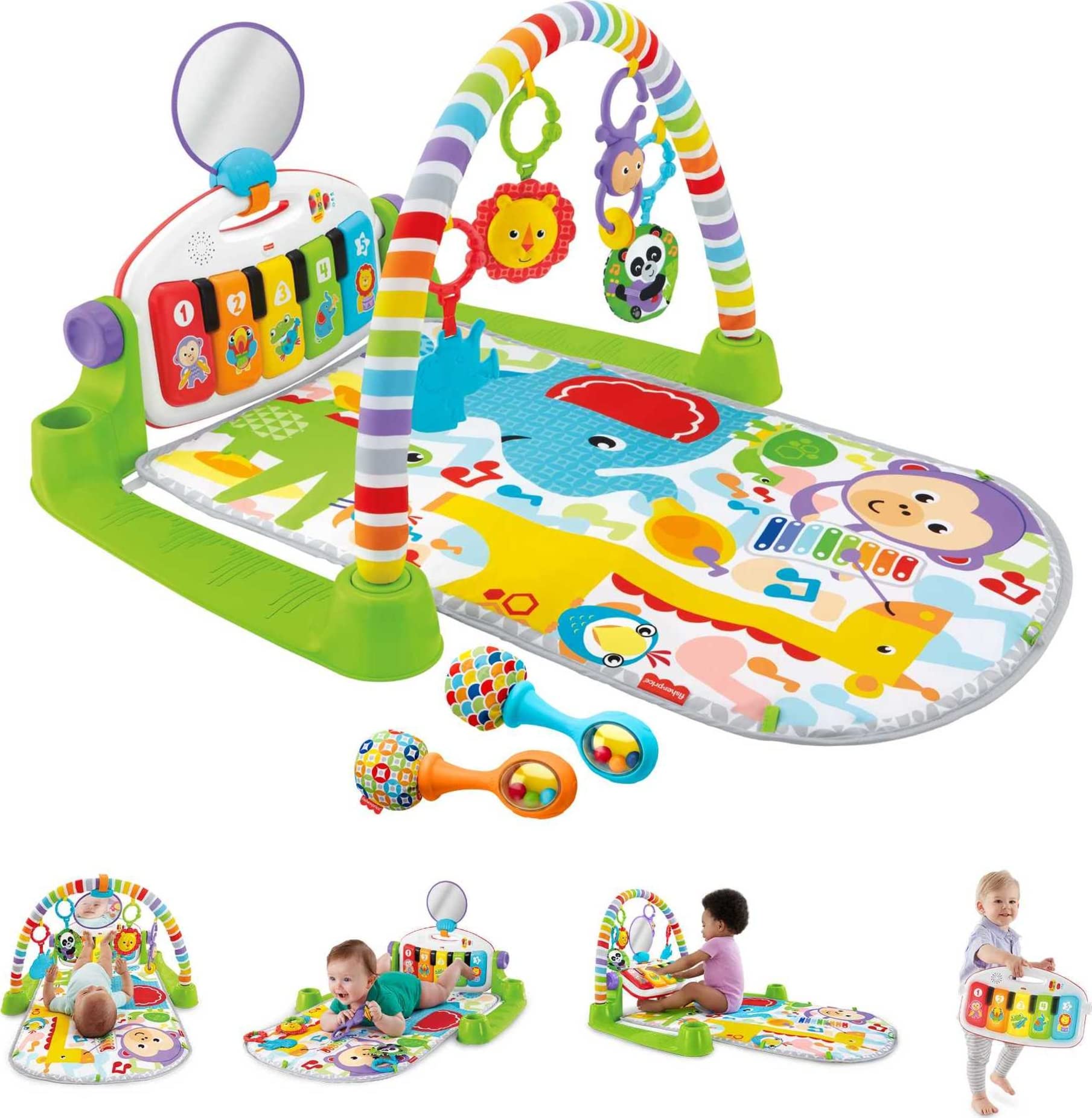 Fisher-Price Baby Playmat Deluxe Kick & Play Piano Gym & Maracas with Smart Stages Learning Content,5 Linkable Toys & 2 Soft Rattles (Amazon Exclusive)
