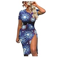 TWGONE 4th of July Outfits for Women Sexy American Flag Dress Summer Party Club Bodycon T Shirt Dress with Slit