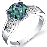 PEORA Created Alexandrite and Genuine Diamond Cathedral Ring for Women in 14K White Gold, Color Changing 2.25 Carats Round Shape 8mm, Comfort Fit, Sizes 5 to 9