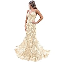 Women's Mermaid Spaghetti Straps Lace Prom Dresses Long Appliques Sparkly Tulle Formal Evening Gowns
