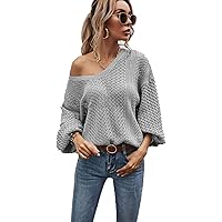 Women's V Neck Long Sleeve Knit Tops Loose Cutout Baggy Slouchy Crochet Pullover Sweaters