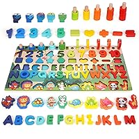 Wooden Alphabet Number Shape Puzzles Toddler Learning Puzzle Toys for Kids - Montessori Toys for Toddlers Fishing Toy - Wooden Rings Counting Sorting Toys Math Shape Block Preschool Educational Toys