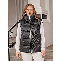 Women's Large Size Fashion Casual Winte Plus Zip Up Puffer Vest Coat Leisure Comfortable Fashion Special Novelty (Color : Black, Size : 3X-Large)