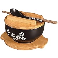 Japanese Ramen Bowl, Vintage Noodle Bowl with Lid and Spoon Black and Bamboo Tray, Ceramic Ramen Bowl Hand Drawn Rice Bowl, Retro Tableware Noodle Bowl