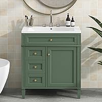 30inch Bathroom Vanity with Top Sink, Free Standing Vanity Set with Soft Closing Door 2 Drawers 1 Tip-Out Drawer, Solid Wood Frame Bathroom Storage Cabinet for Bathroom (Green)