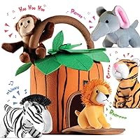Play22 6-Piece Plush Talking Jungle Animals Set with Carrier for Kids, Babies & Toddlers - Elephant, Tiger, Lion, Zebra, Monkey