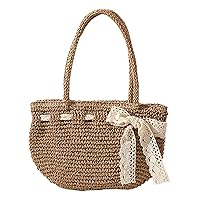 Woven Bag for Women, Woven Handbag Retro Straw Handbag with Lace Knot, Woven Straw Beach Bag, 5.9x9.8 Portable Straw Tote Bag for Summer