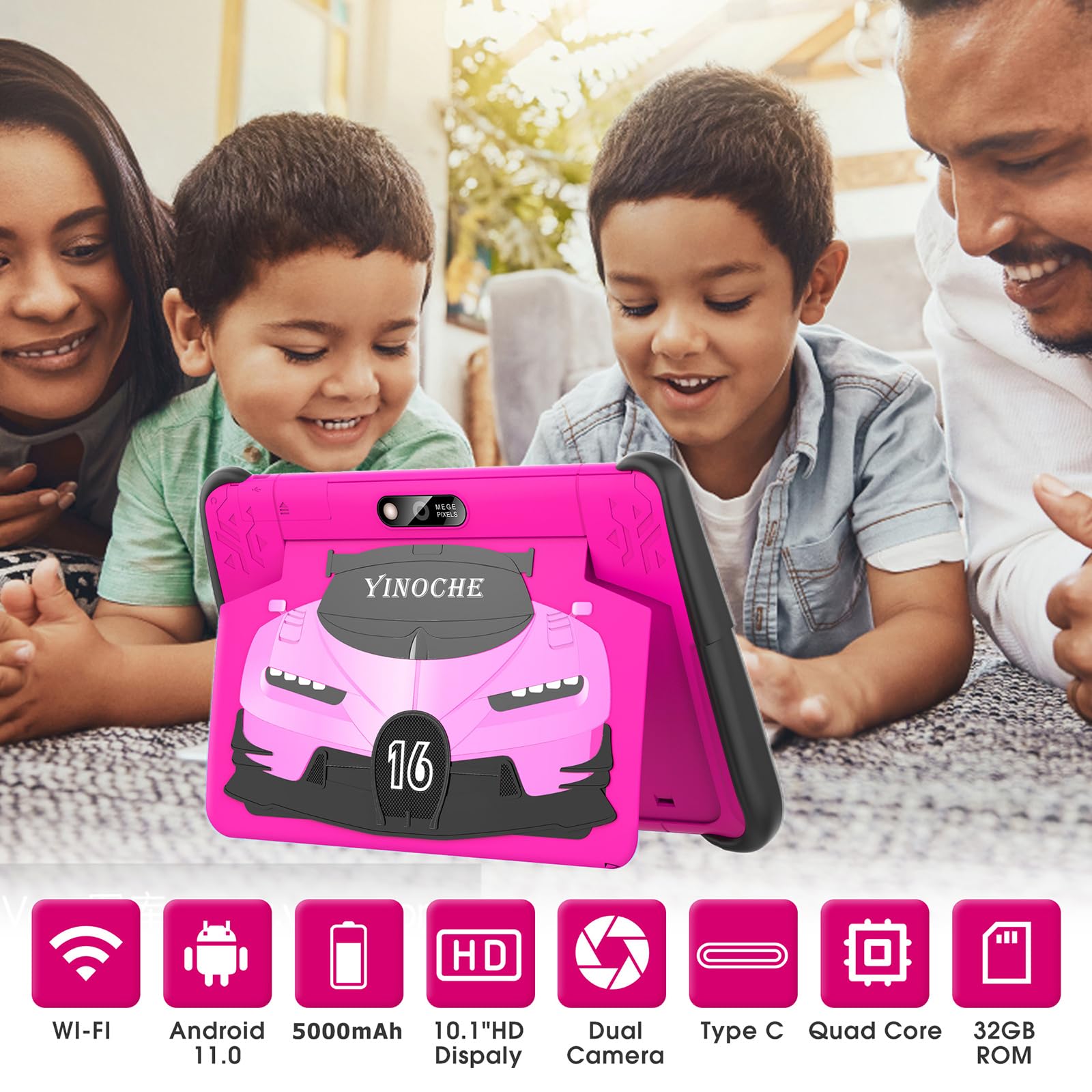 YINOCHE Kids Tablet 10 inch with Case Included Toddler Tablet for Kids WiFi Chindren's Tablet Android Kids Tablets for Toddlers 32G Parental Control Support YouTube Netflix for Boys Girls (Pink)