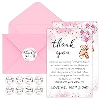 Kisston 50 Sets Baby Shower Thank You Cards 50 Bear Kid Thank You Notes with 50 Envelopes and Stickers Baby Shower Card Baby Shower Card Gift Baby Card for Gender Reveal Baby Shower (Pink)