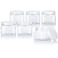 JUVITUS 16 oz Clear Plastic PET Square Jar (BPA Free) with White Smooth Lid (6 pack)
