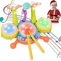 Kids Drum Set Musical Toys for 1-2 Year Olds Boy or Girl,Gifts for 6 12 18 Month Olds,Learning and Developmental Toddler with 2 Sticks,Microphone,Instruments,Piano,and Light-Up
