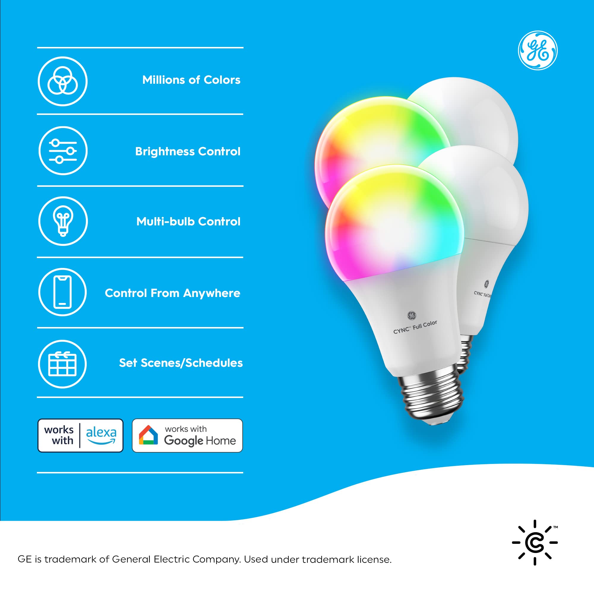 GE Lighting CYNC Smart LED Light Bulbs, Full Color, Bluetooth and Wi-Fi Enabled, Compatible with Alexa and Google Home, A19 Bulbs (Pack of 4)