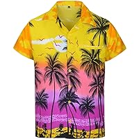 Mens Hawaiian Palm Print Short Sleeve Chest Pocket Relax Fit Casual Button Down Shirt