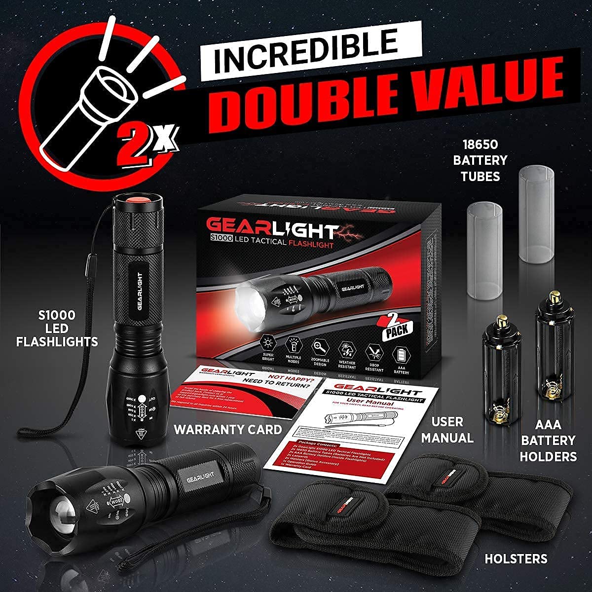 GearLight S1000 LED Tactical Flashlight with Holster [2 Pack] + GearLight S500 LED Headlamp [2 Pack] Bundle