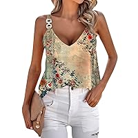 Summer Tank Tops for Women V Neck Floral Printed Womens Fashion Sleeveless Top Loose Fit Casual Shirts Blouse