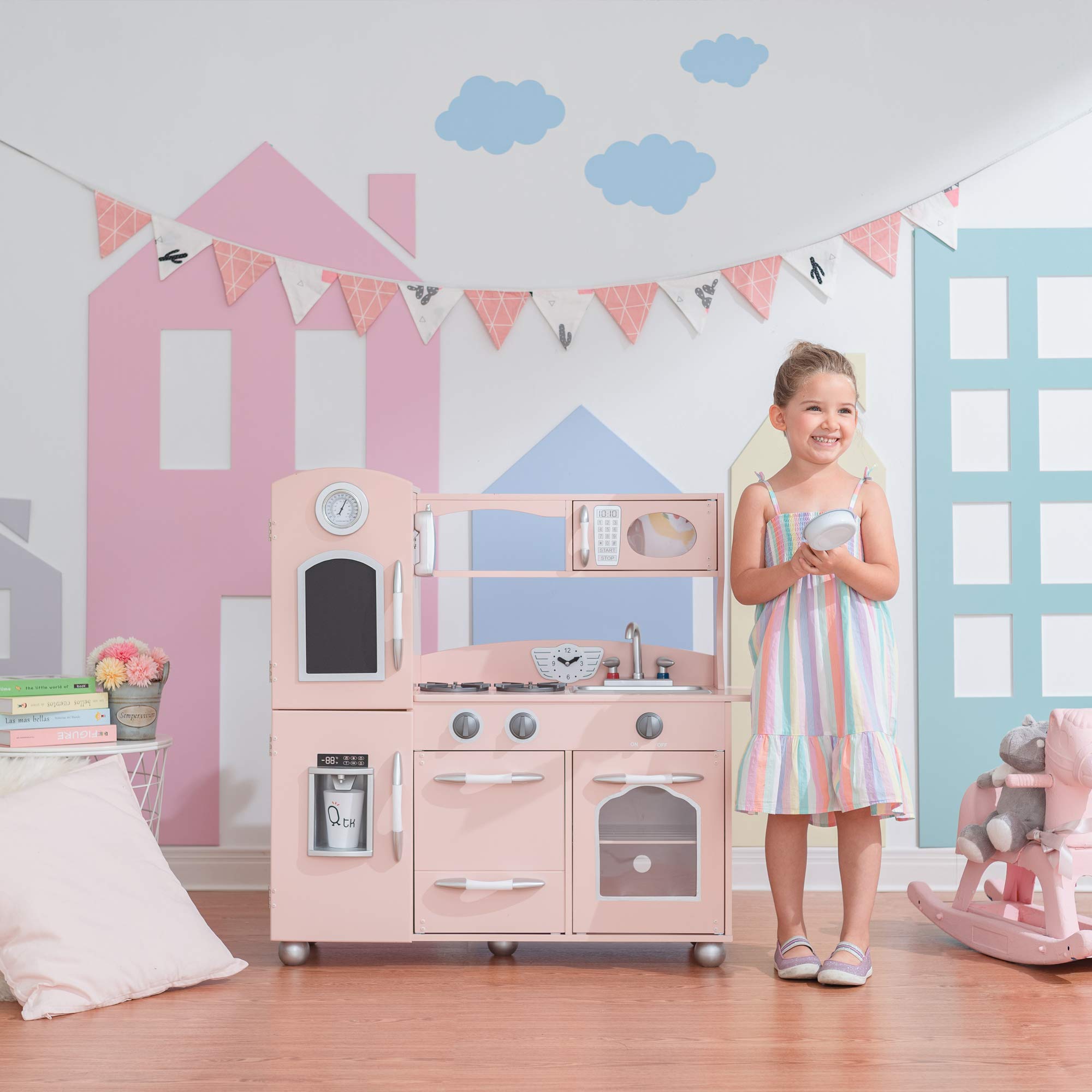 Teamson Kids - Retro Play Kitchen with Refrigerator. Freezer. Oven and Dishwasher - Pink (1 Pcs)