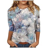 Holiday Tops for Women 2024, Dressy Tops for Women Evening Party Womens Spring Fashion 2024 Shirts and Blouses Women's Fashion Casual Round Neck Seven-Point Sleeve Srinted (Dark Blue,XL)